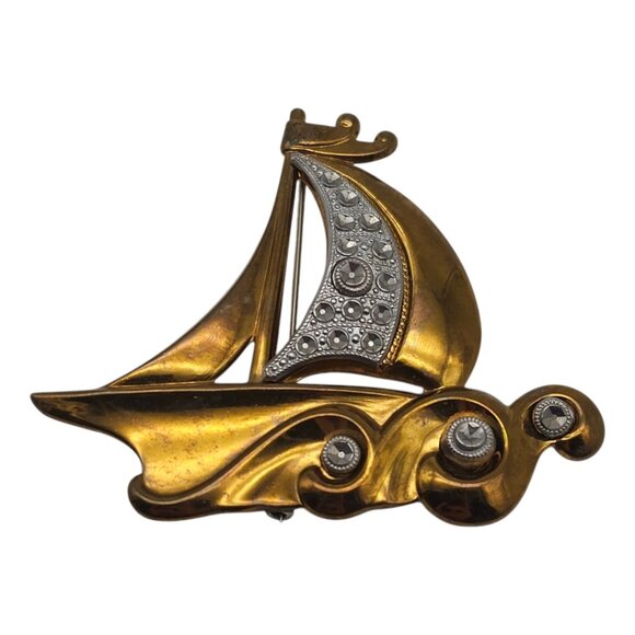 Vintage Brass Sailbaot Sailing Waves Brooch 3" Nautical Boat Retro Silver Tone - Picture 1 of 6
